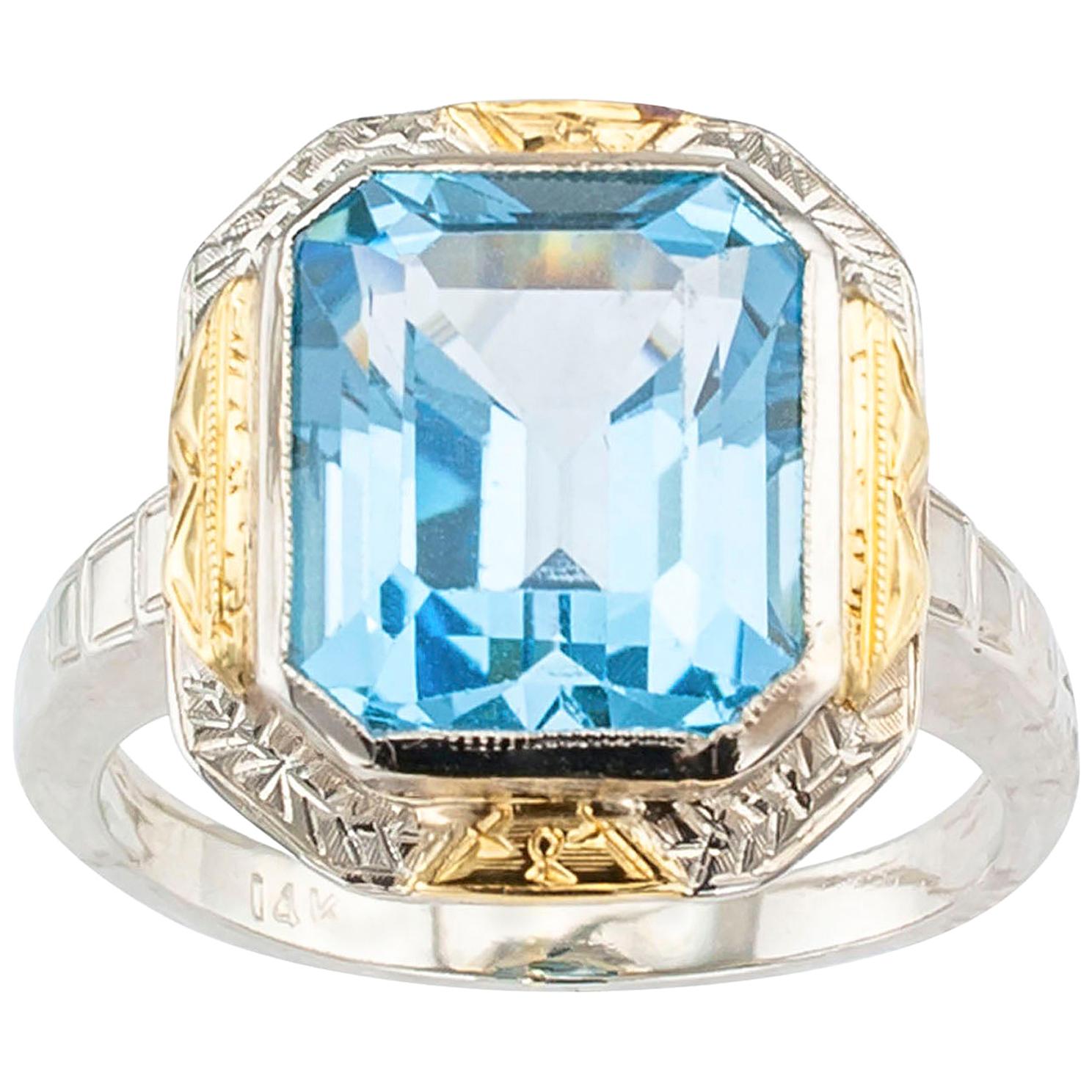 Art Deco Blue Topaz Two-Tone Gold Ring