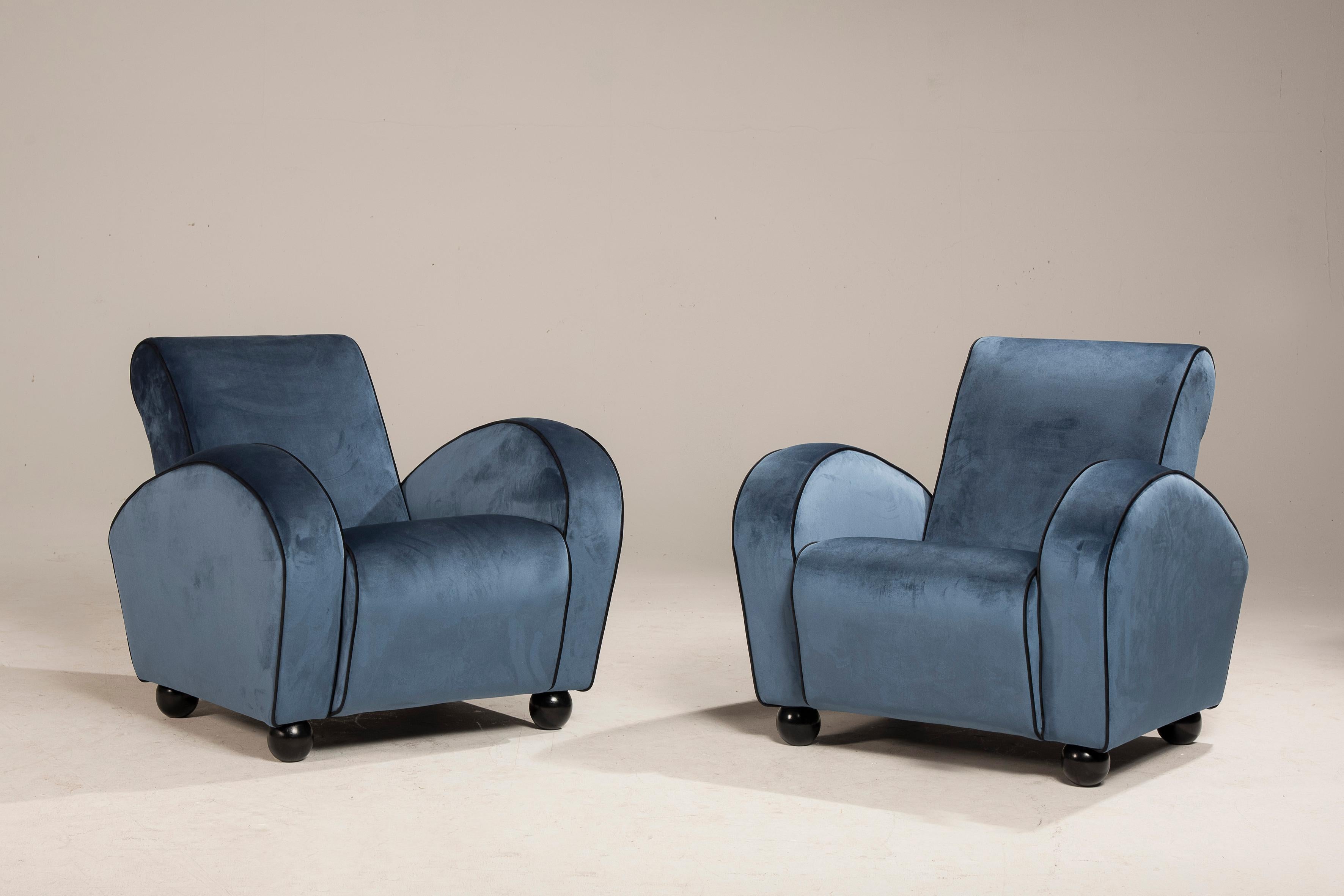 20th Century Art Deco Blue Velvet Armchairs For Sale