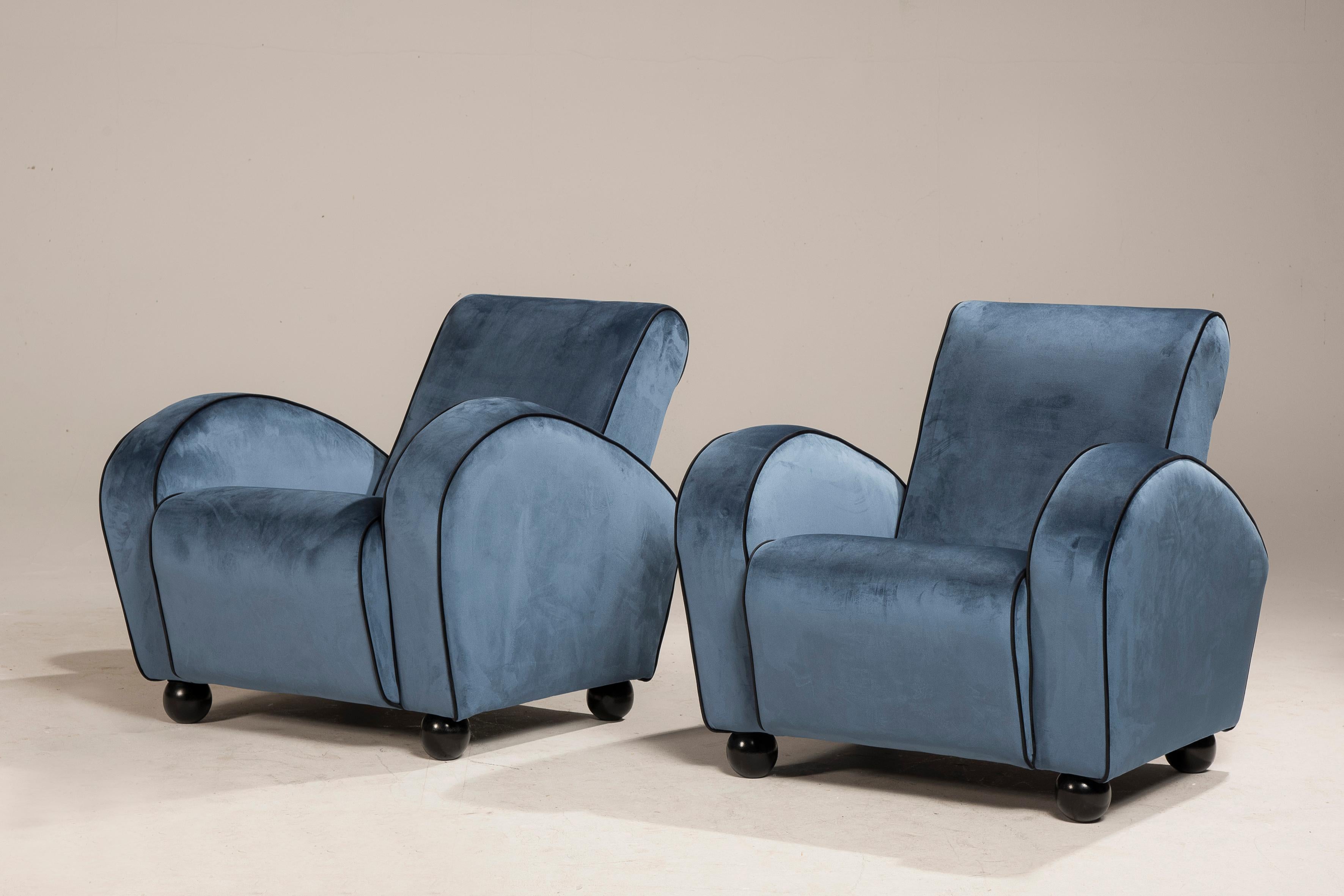 Art Deco Blauer Samt Sessel (20. Jahrhundert) im Angebot