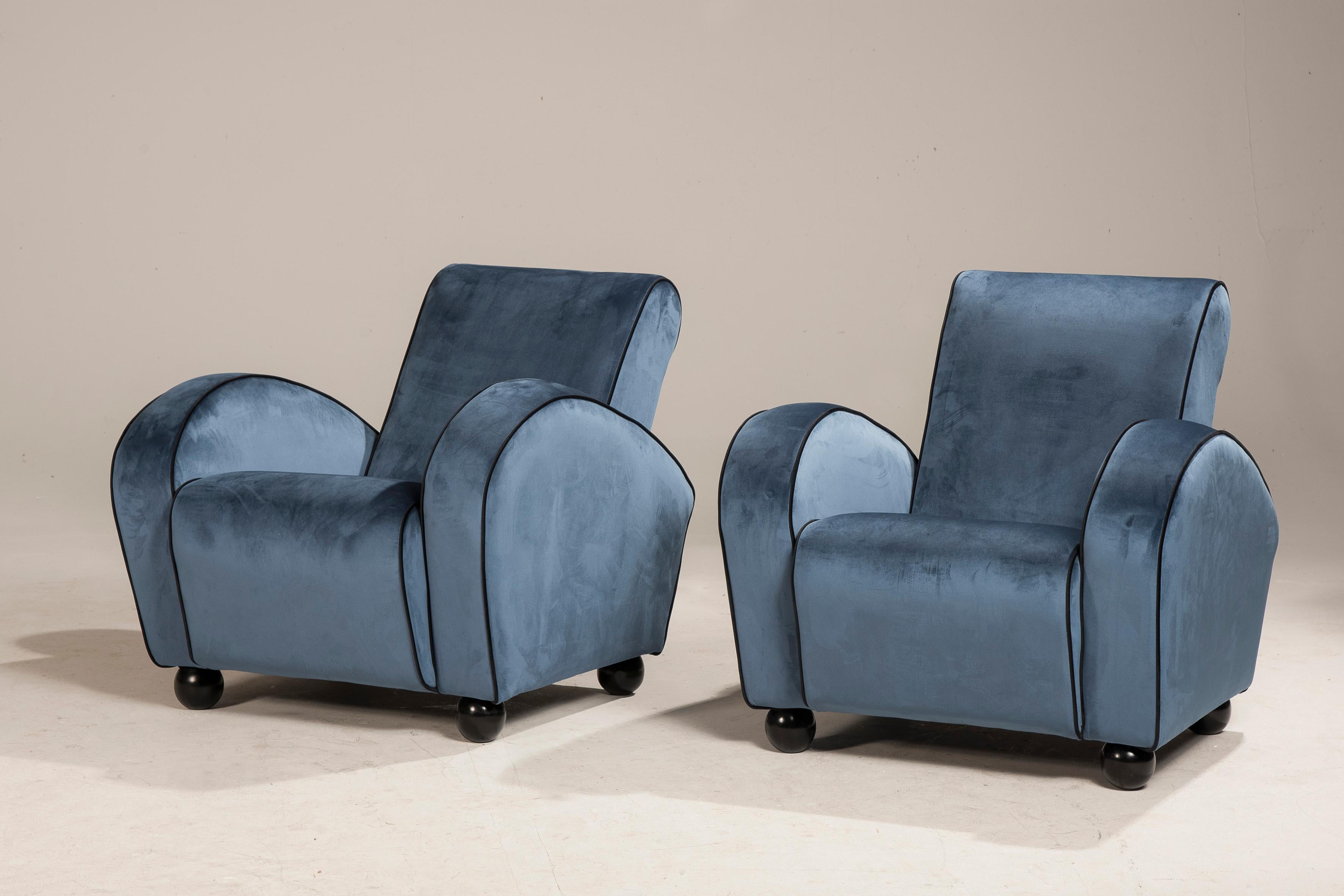 Velours Fauteuils Art Déco en velours bleu en vente