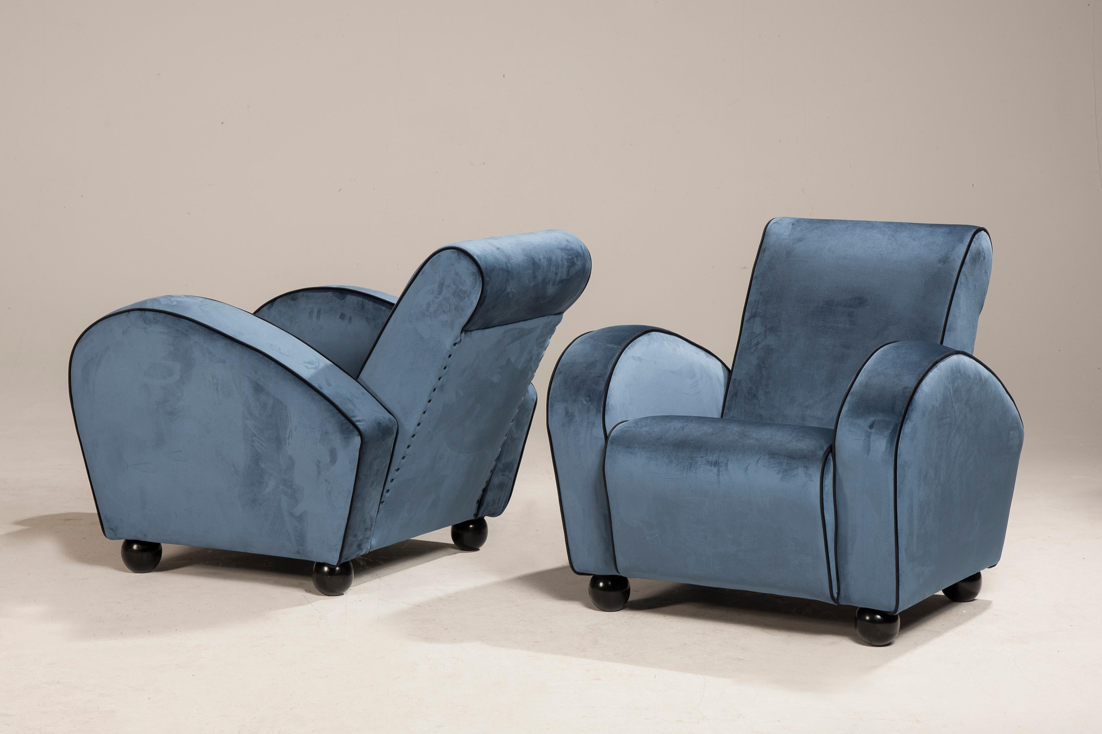 Art Deco Blauer Samt Sessel im Angebot 2