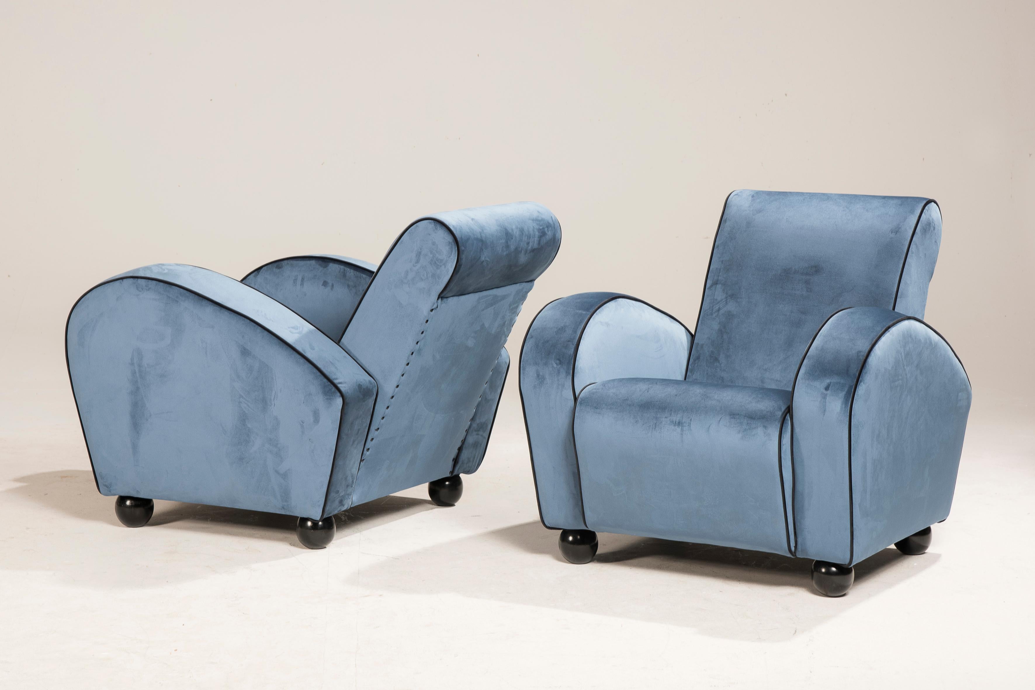 Art Deco Blue Velvet Armchairs For Sale 4