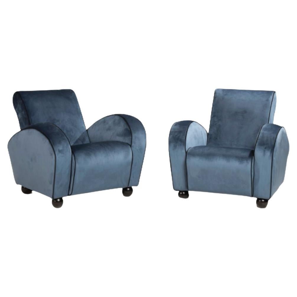 Art Deco Blue Velvet Armchairs For Sale