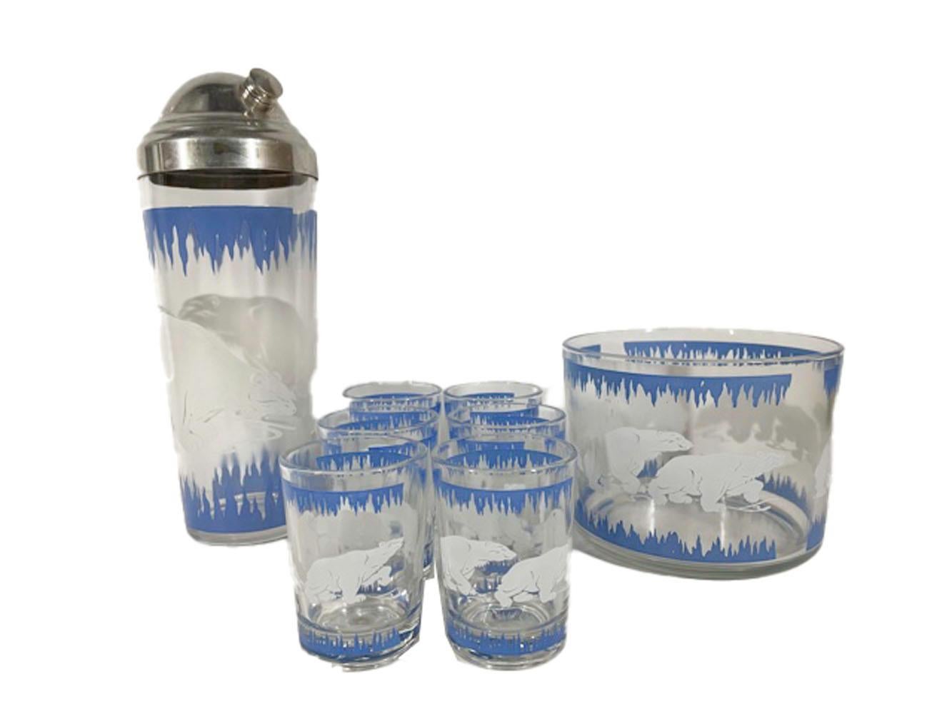 American Art Deco Blue & White Polar Bear Cocktail Shaker Set by Hazel Atlas For Sale