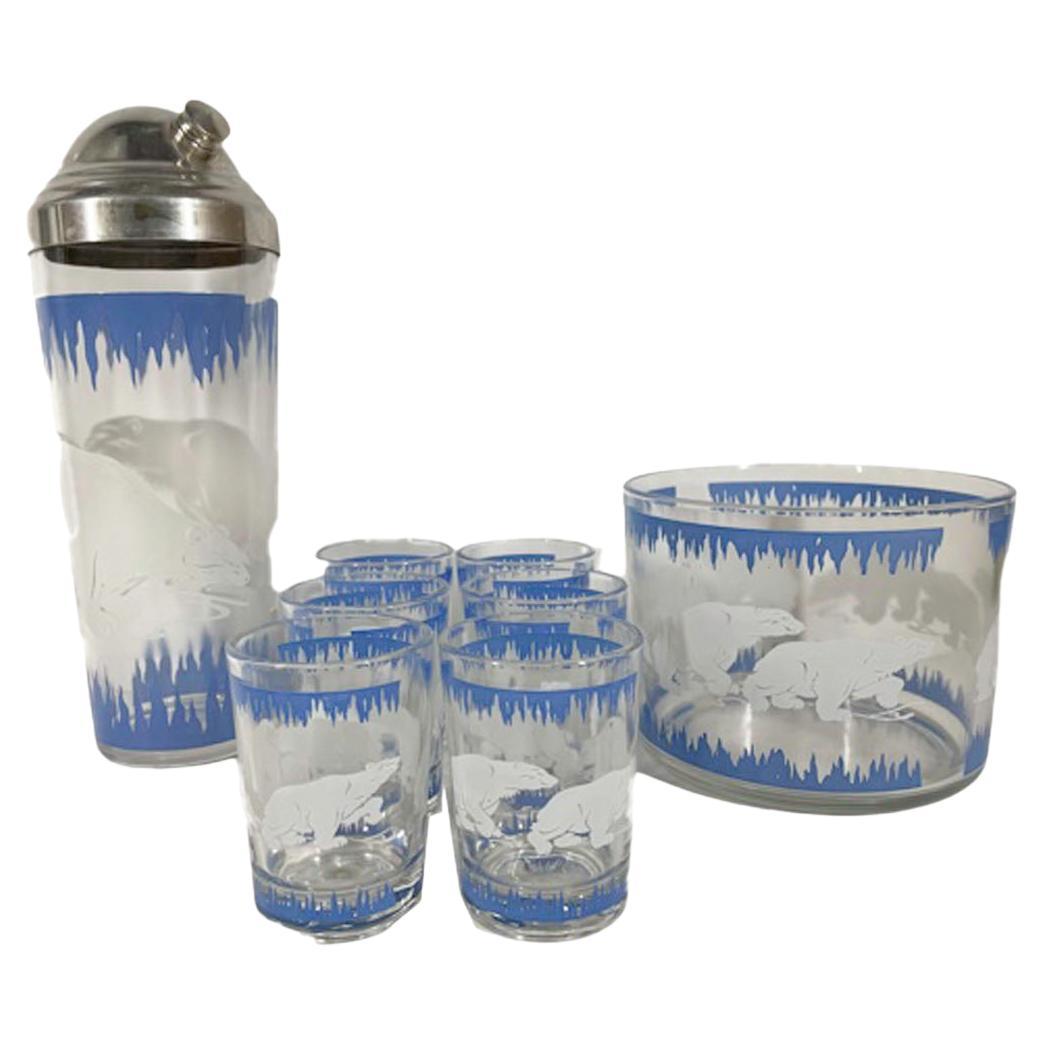 Blau-weißes Art déco-Cocktailshaker-Set mit Polarbären von Hazel Atlas