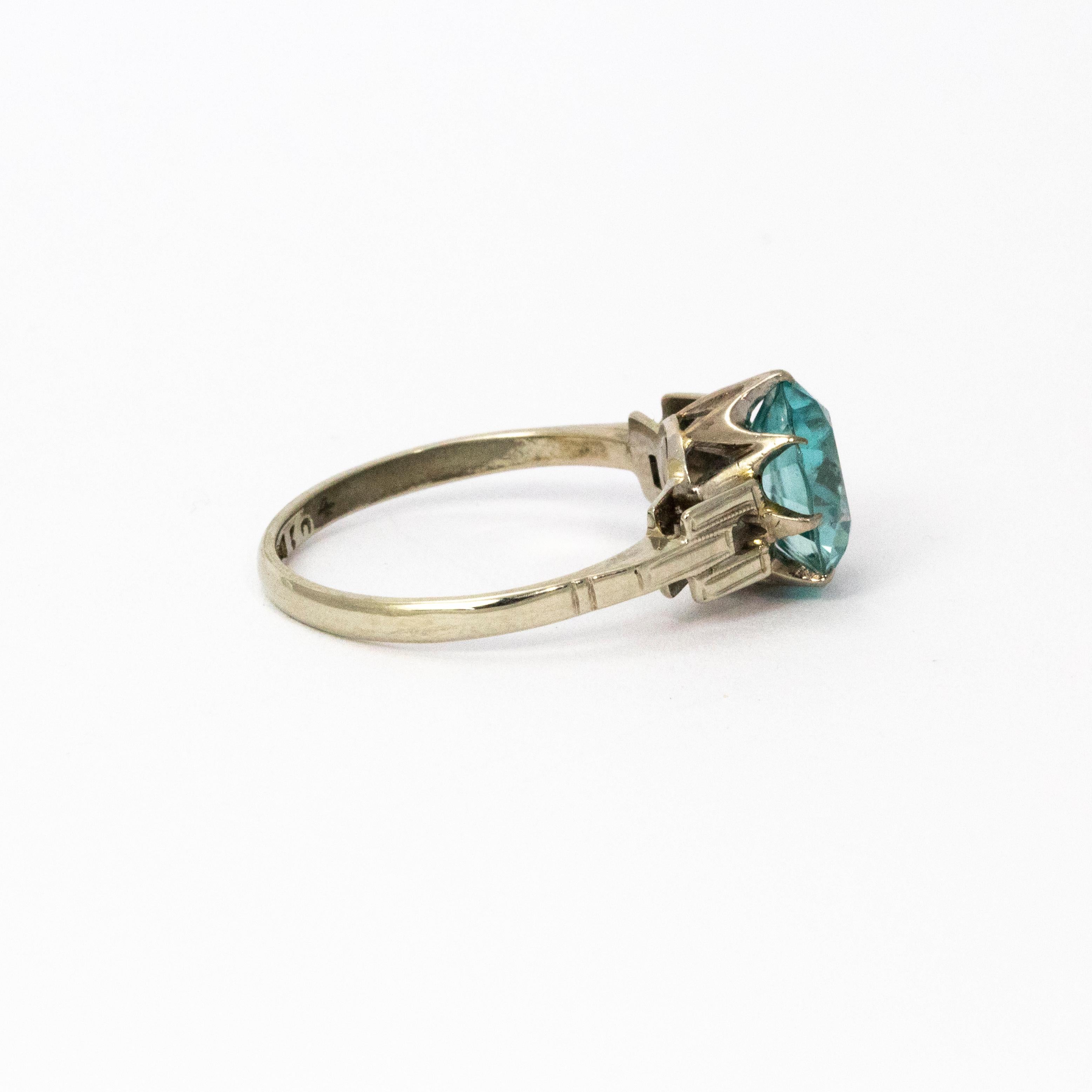 Art Deco Blue Zircon 18 Karat White Gold Solitaire Ring In Excellent Condition In Chipping Campden, GB