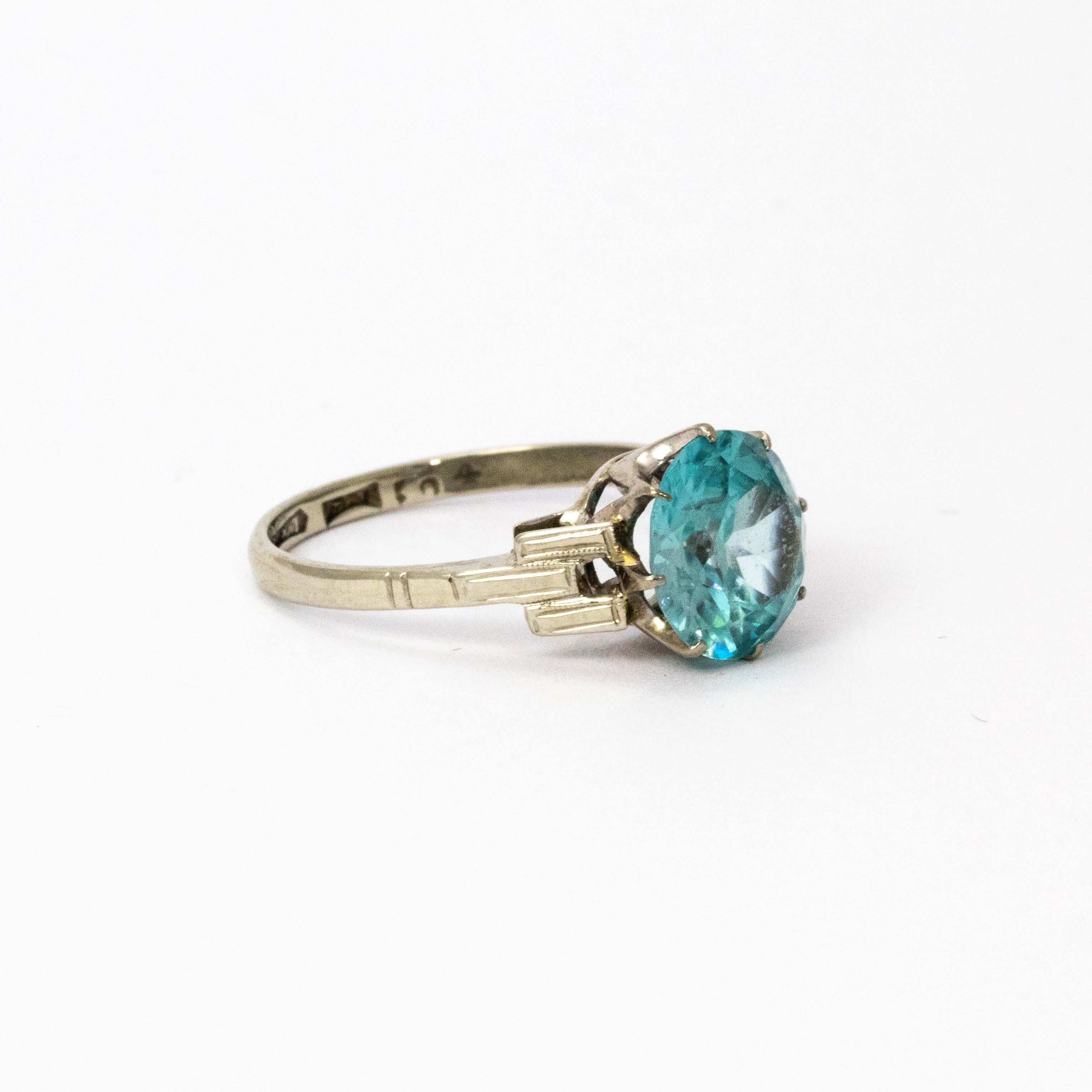 Women's or Men's Art Deco Blue Zircon 18 Karat White Gold Solitaire Ring