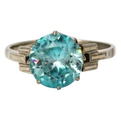 Antique Art Deco Blue Zircon 18 Karat White Gold Solitaire Ring