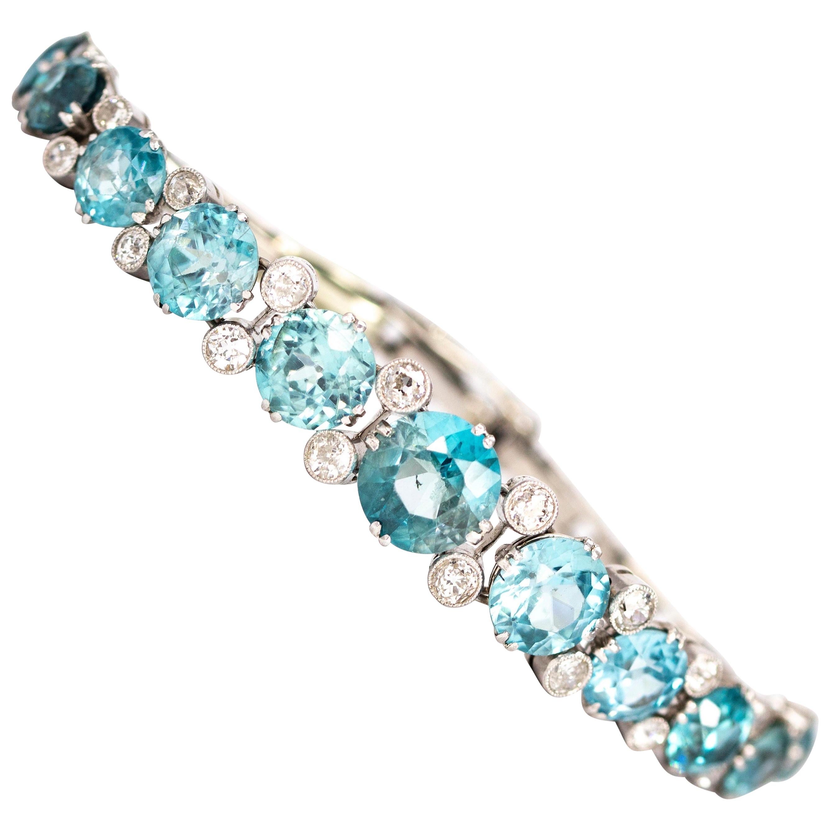 Art Deco Blue Zircon and Diamond Platinum Bracelet