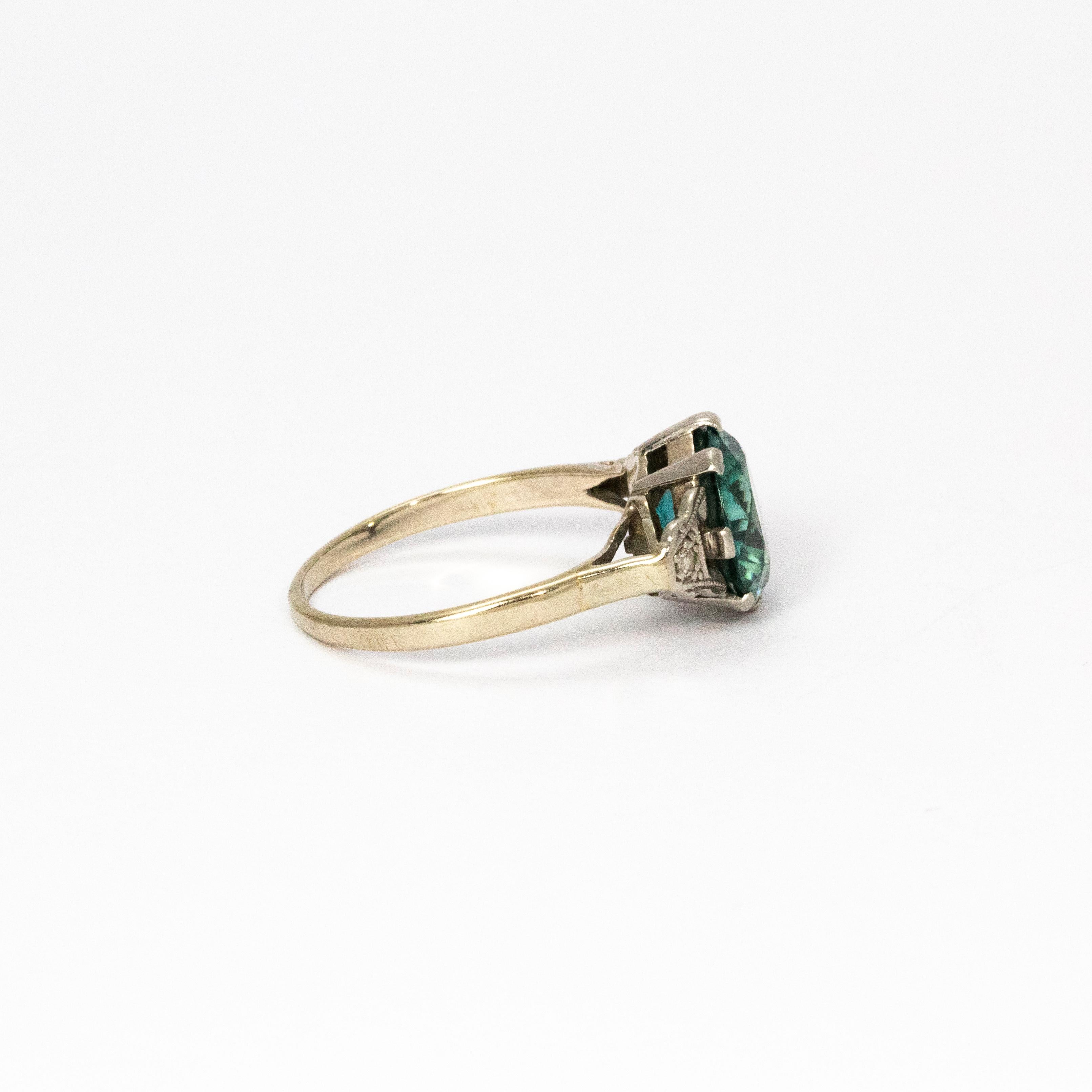 Women's or Men's Art Deco Blue Zircon and Diamond Platinum Solitaire Ring