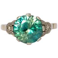 Art Deco Blue Zircon and Diamond Platinum Solitaire Ring