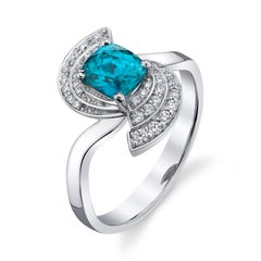 Art Deco Blue Zircon & Diamond 18K White Gold Wave Ring
