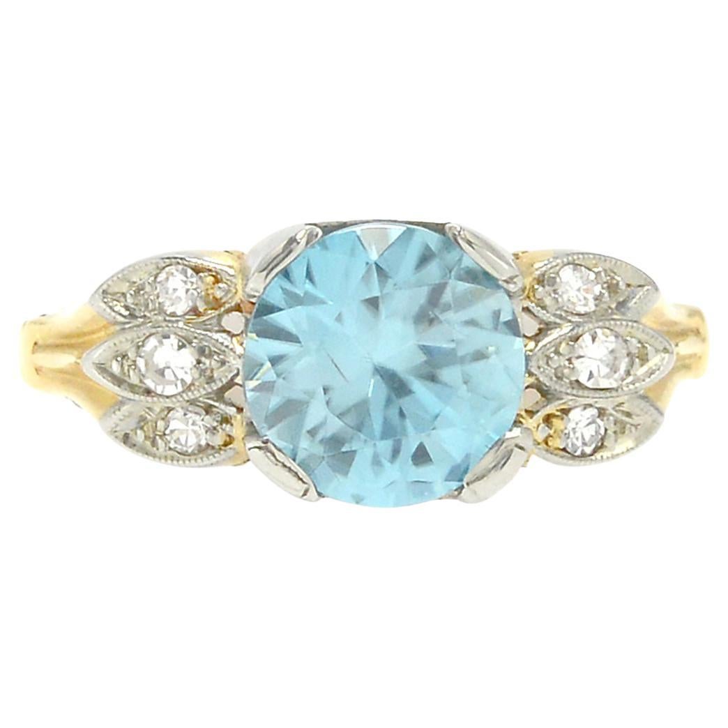 Art Deco Blue Zircon & Diamond Engagement Ring