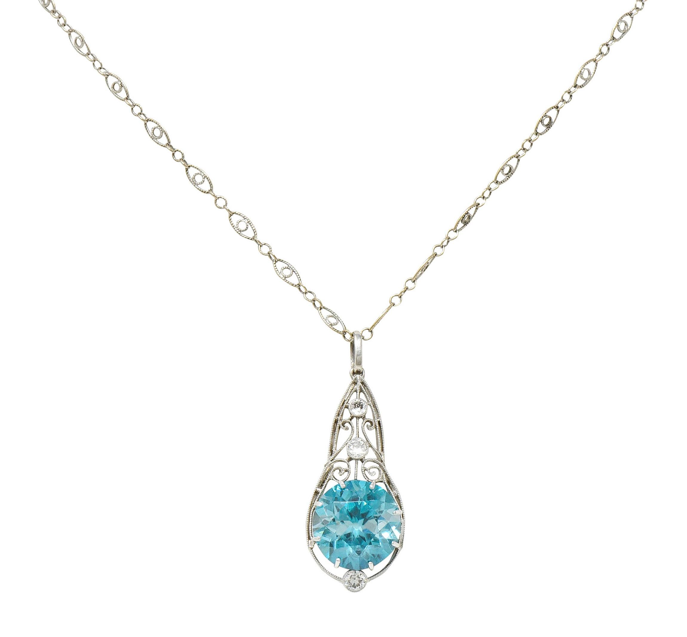 Art Deco Blue Zircon Diamond Platinum Scrolled Pendant Necklace 5