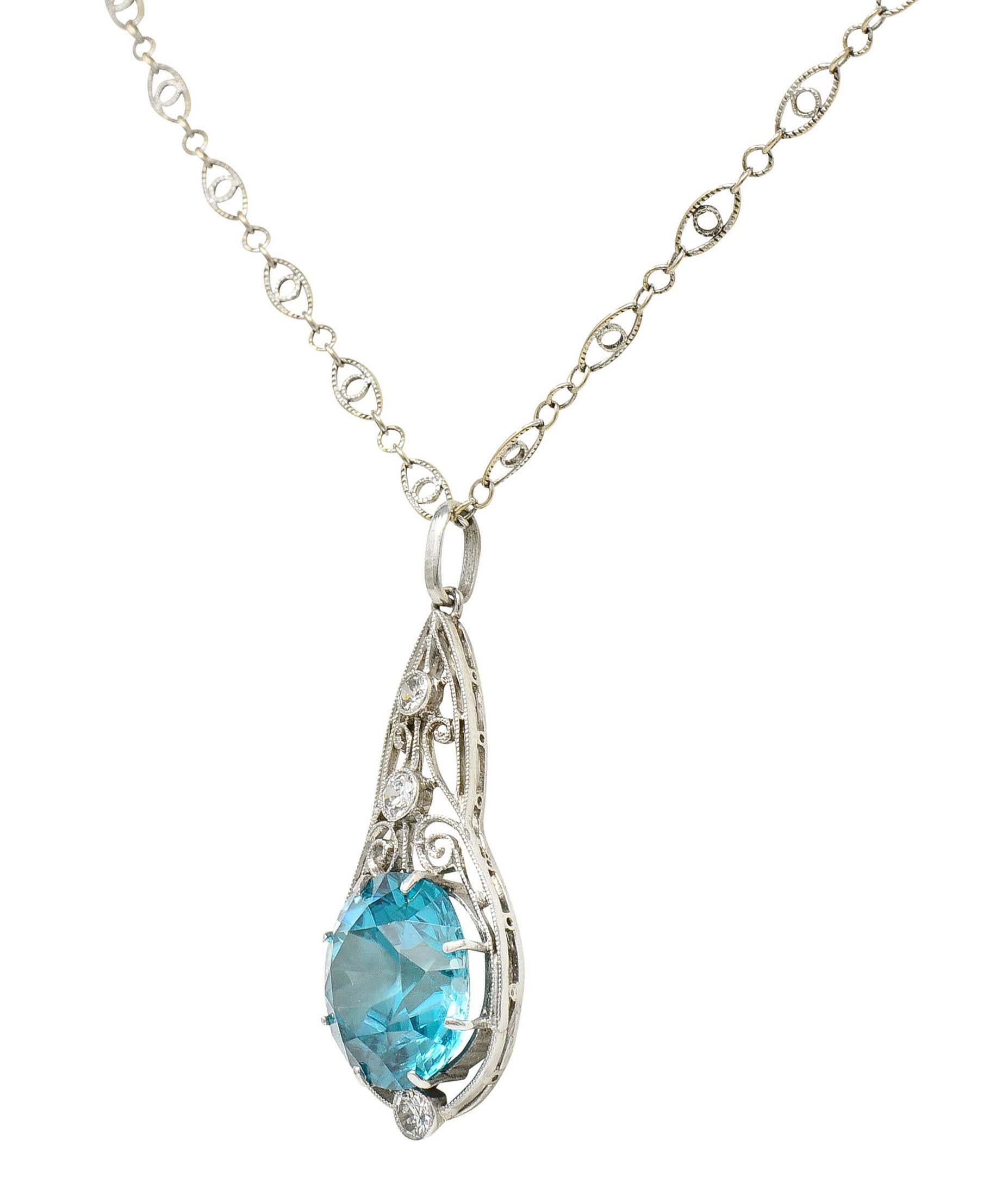 Round Cut Art Deco Blue Zircon Diamond Platinum Scrolled Pendant Necklace