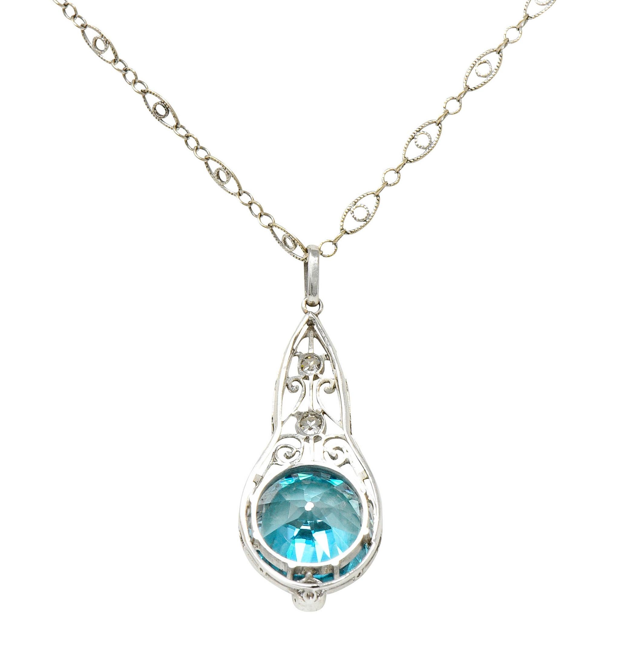 Art Deco Blue Zircon Diamond Platinum Scrolled Pendant Necklace In Excellent Condition In Philadelphia, PA