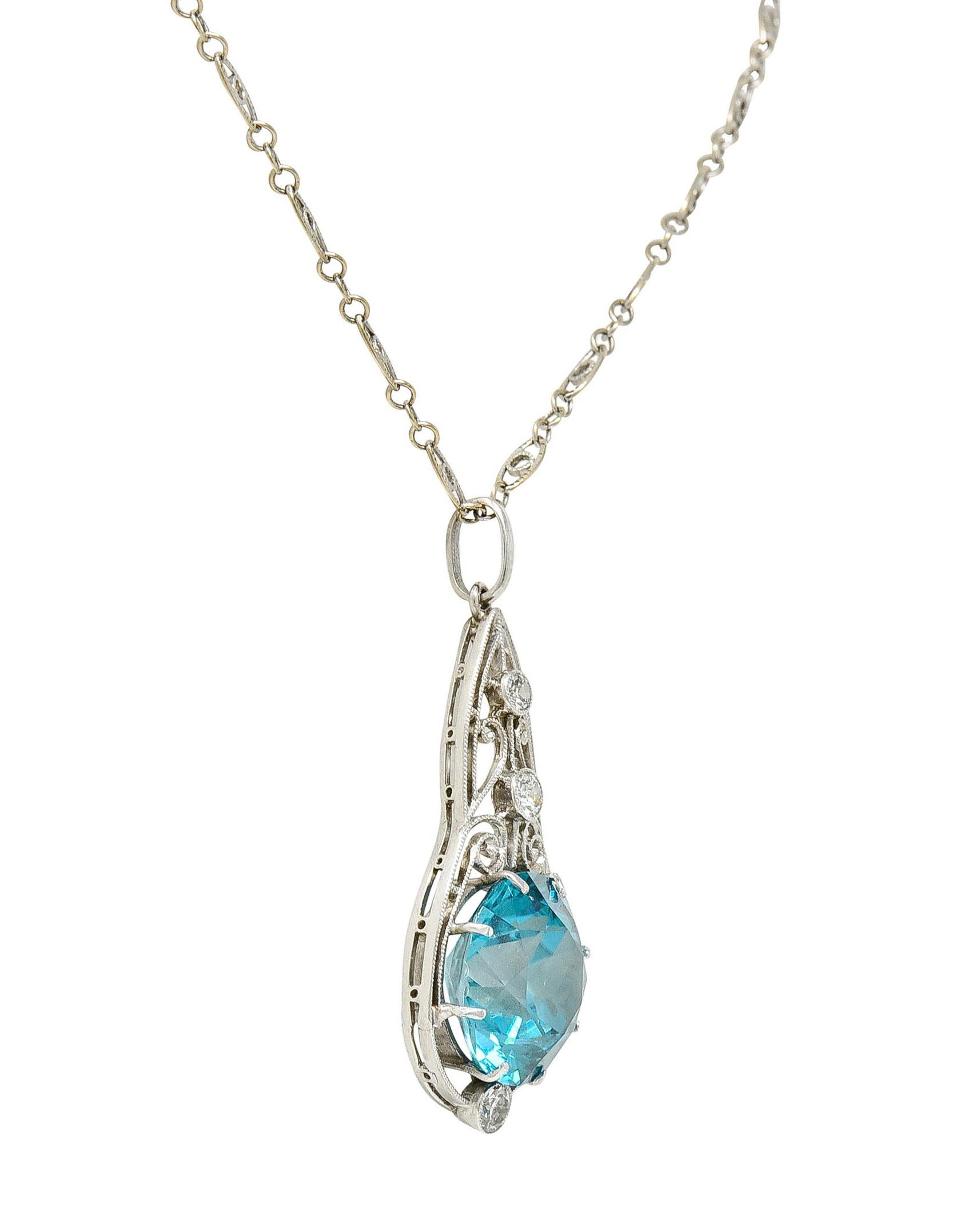Women's or Men's Art Deco Blue Zircon Diamond Platinum Scrolled Pendant Necklace