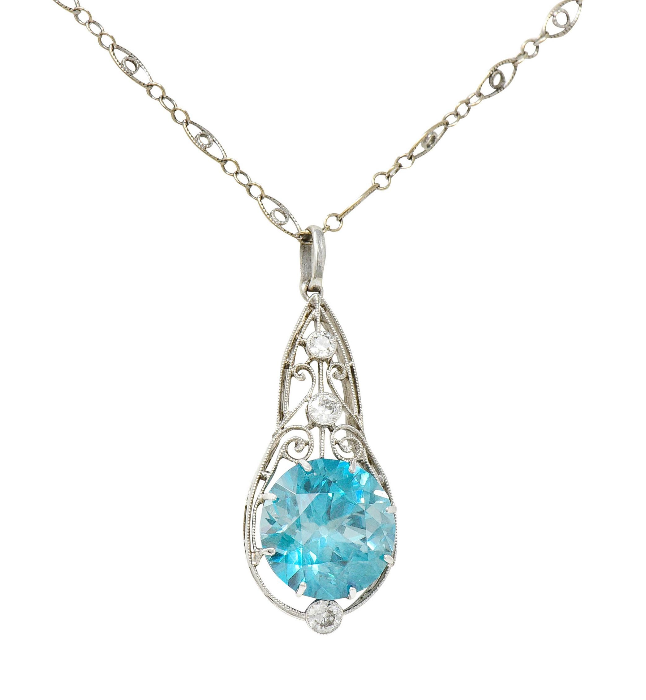 Art Deco Blue Zircon Diamond Platinum Scrolled Pendant Necklace 1