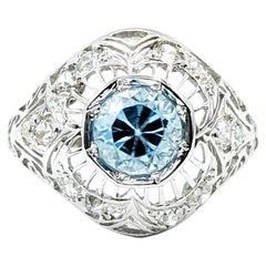 Art Deco Blue Zircon & Diamond Ring in 18k White Gold