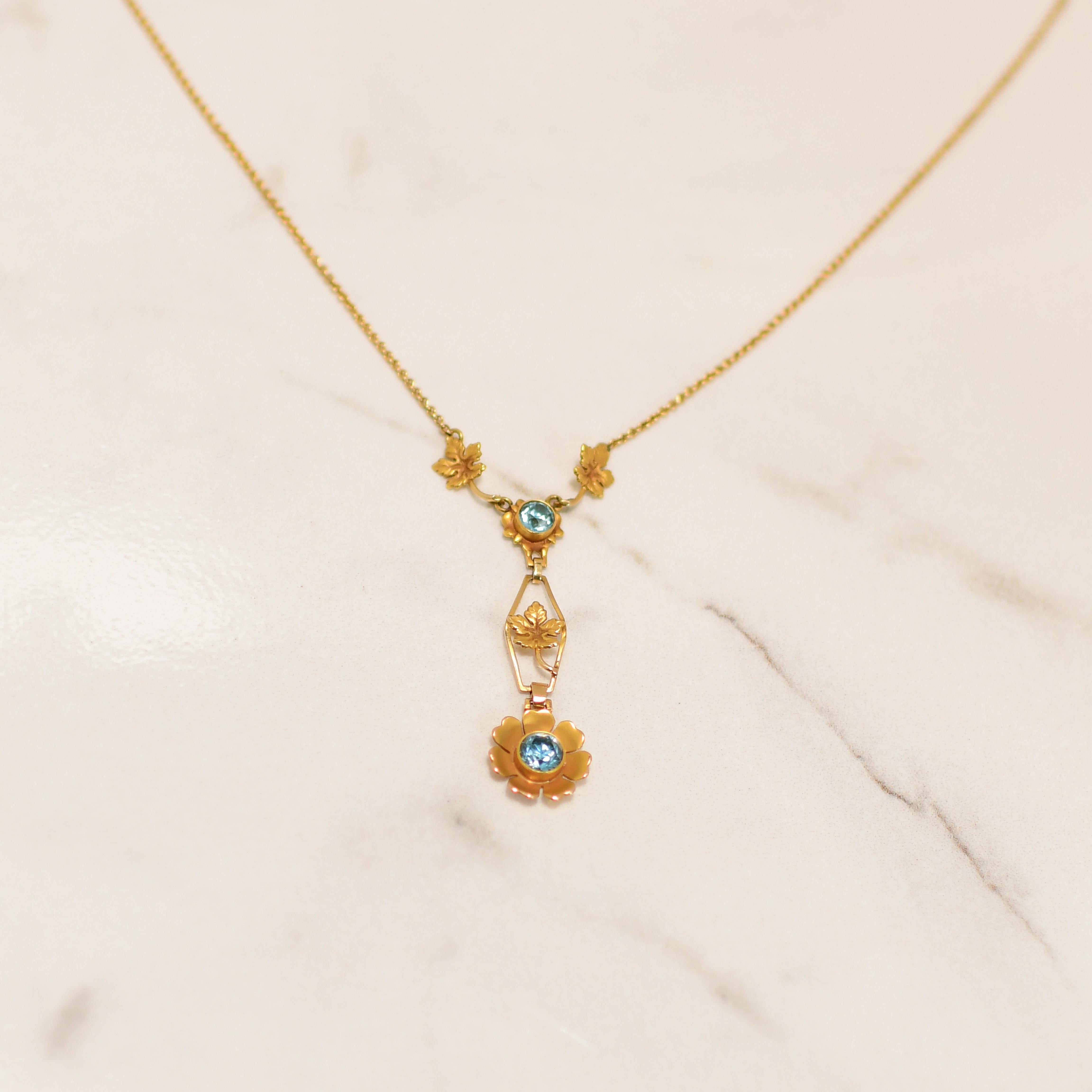 Round Cut Art Deco Blue Zircon Floral Gold Drop Pendant Necklace For Sale