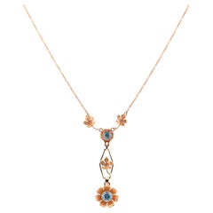 Antique Art Deco Blue Zircon Floral Gold Drop Pendant Necklace