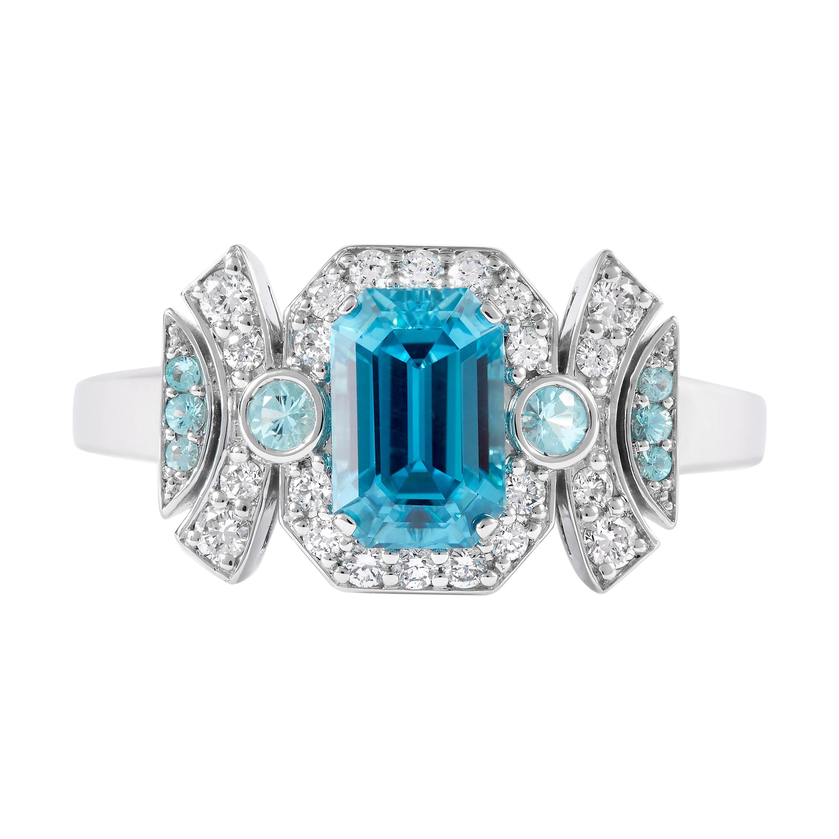 Art Deco Blauer Zirkon Paraiba und Diamant 18K Weißgold Ring