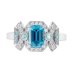 Art Deco Blue Zircon Paraiba and Diamond 18K White Gold Ring