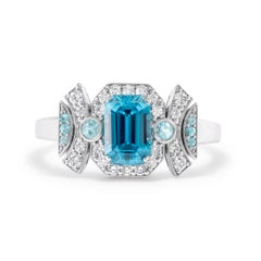Art Deco Blue Zircon Paraiba and Diamond 18K White Gold Ring