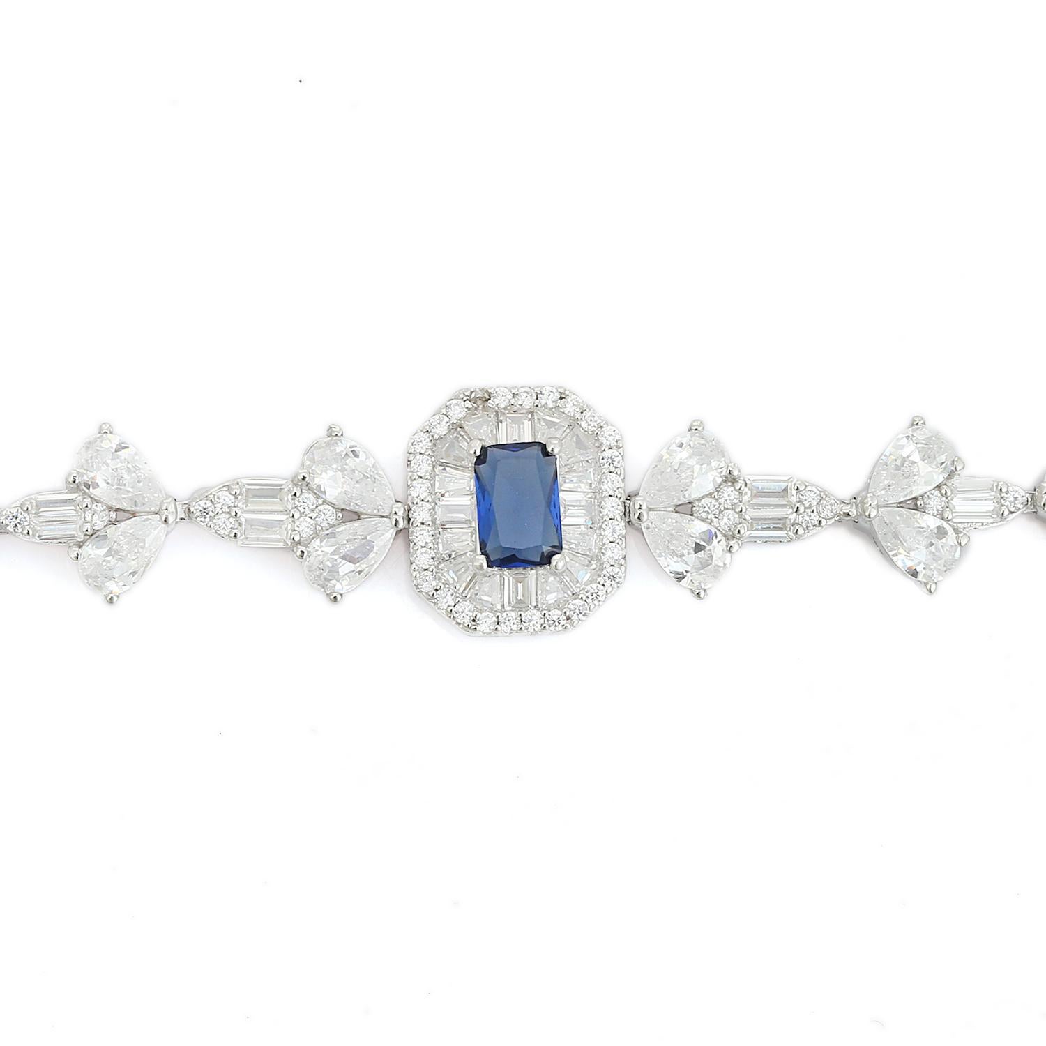 Art Deco Elegant Blue Zircon and Rhinestone Halo Bracelet for Her in 925 Sterling Silver For Sale
