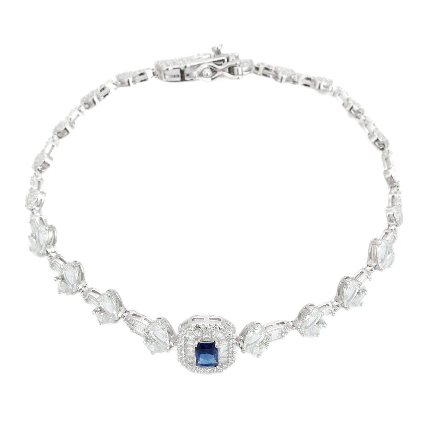 Mixed Cut Elegant Blue Zircon and Rhinestone Halo Bracelet for Her in 925 Sterling Silver For Sale