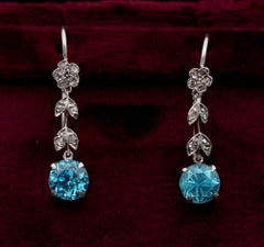 Art Deco Blue Zircon Rose Cut Diamond Platinum Petit Drop earrings