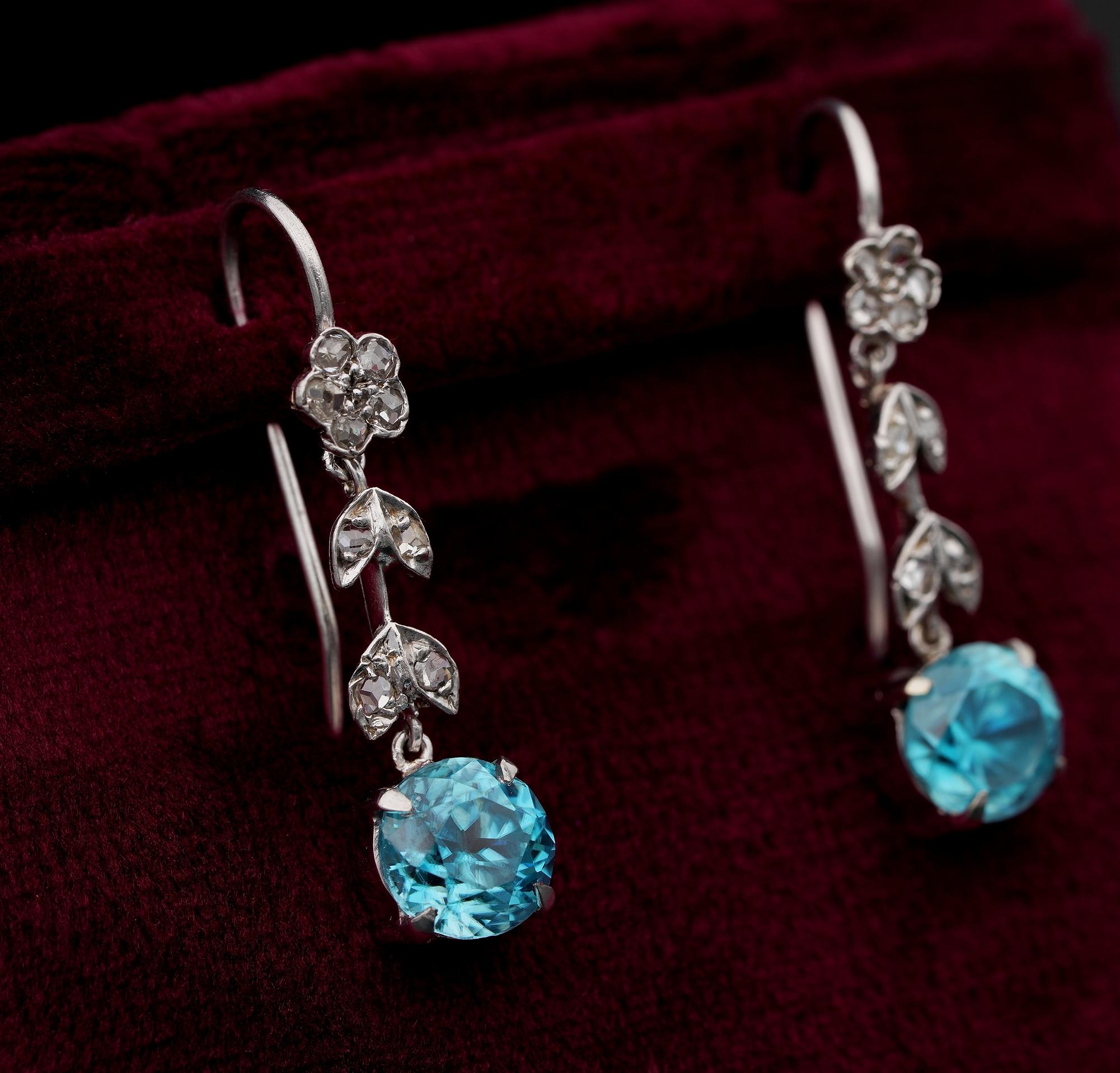 Women's Art Deco Blue Zircon Rose Cut Diamond Platinum Petit Drop earrings For Sale