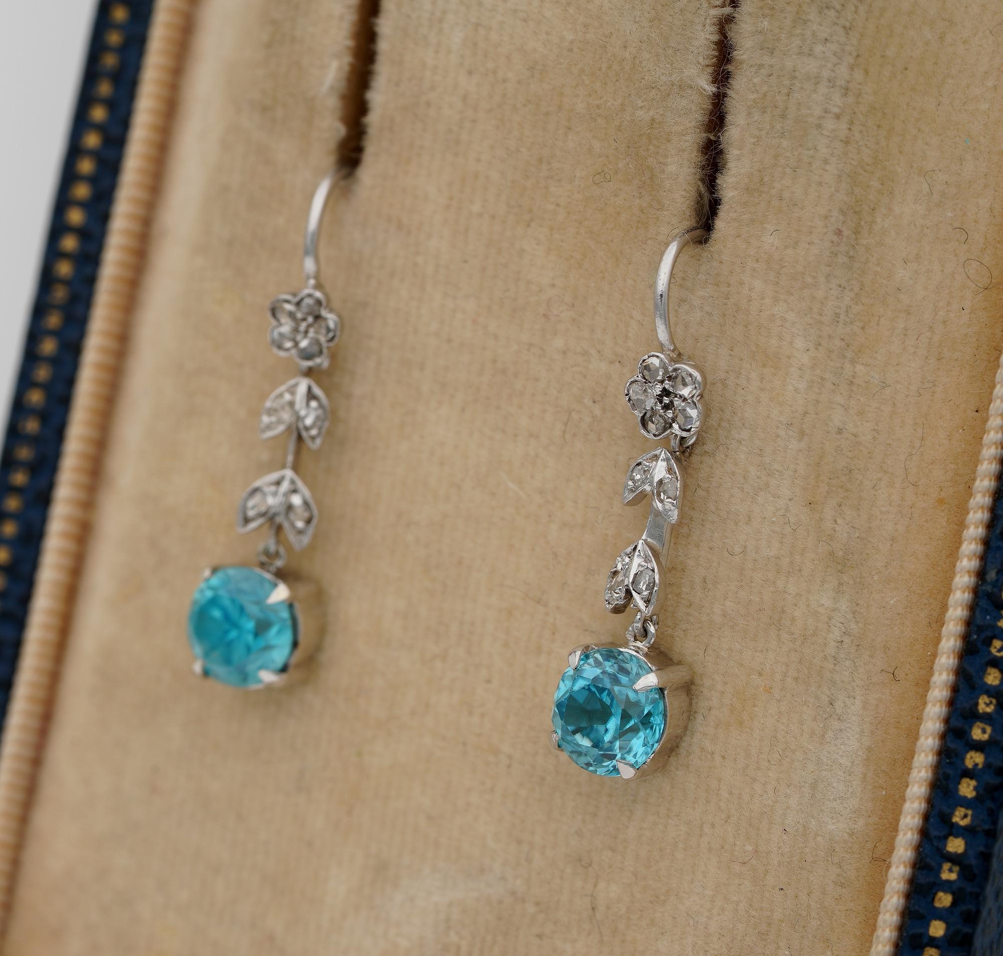 Art Deco Blue Zircon Rose Cut Diamond Platinum Petit Drop earrings For Sale 1