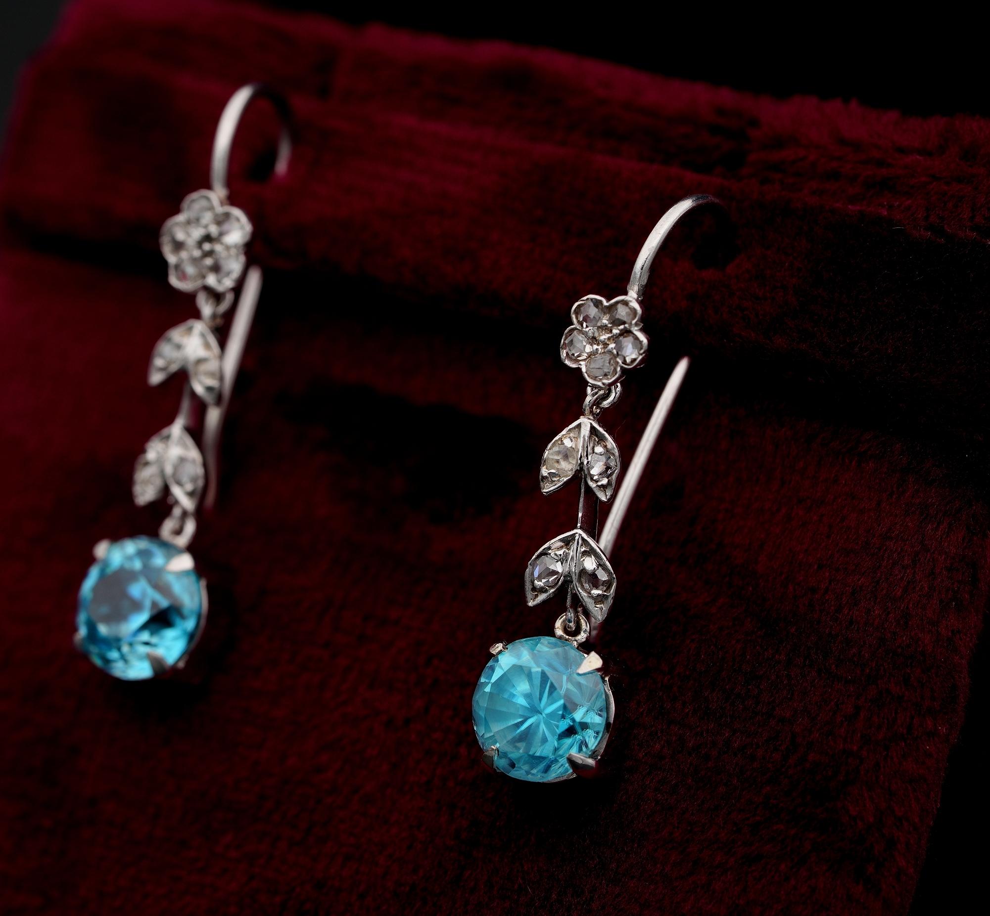 Art Deco Blue Zircon Rose Cut Diamond Platinum Petit Drop earrings For Sale 2