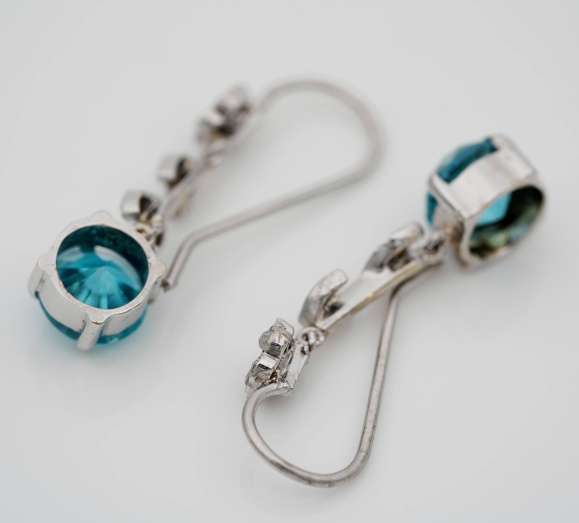 Art Deco Blue Zircon Rose Cut Diamond Platinum Petit Drop earrings For Sale 3