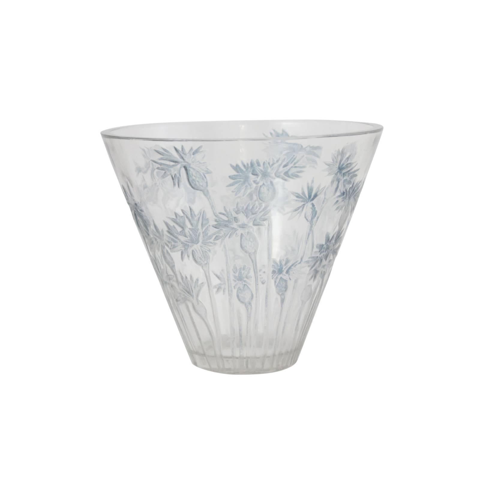 An early 20th century 'Bluets' clear, conical shaped glass vase with delicate blue floral detailing by Rene Lalique.