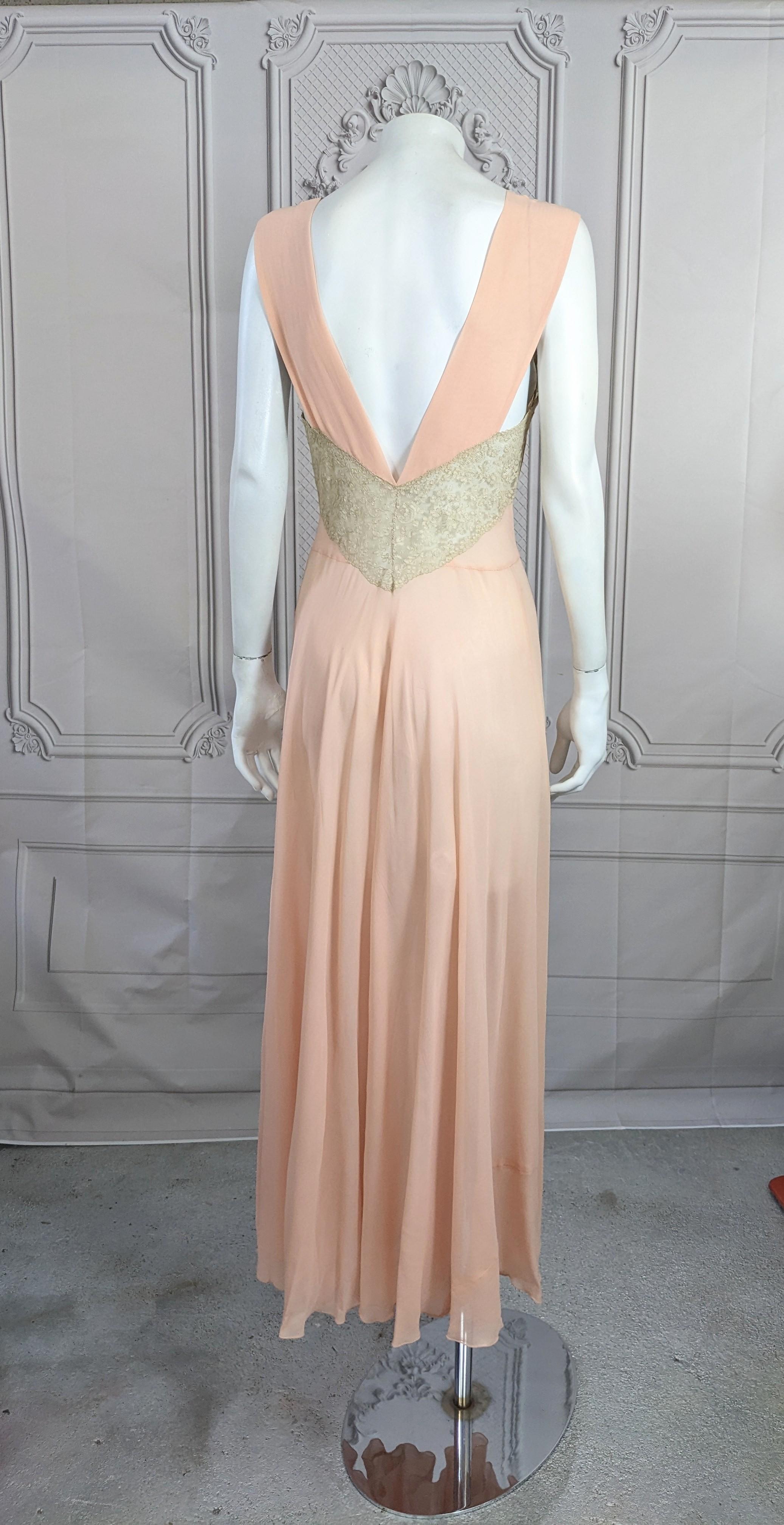  Art Deco Blush Pink Silk Crepe Chiffon and Lace Gown  For Sale 7