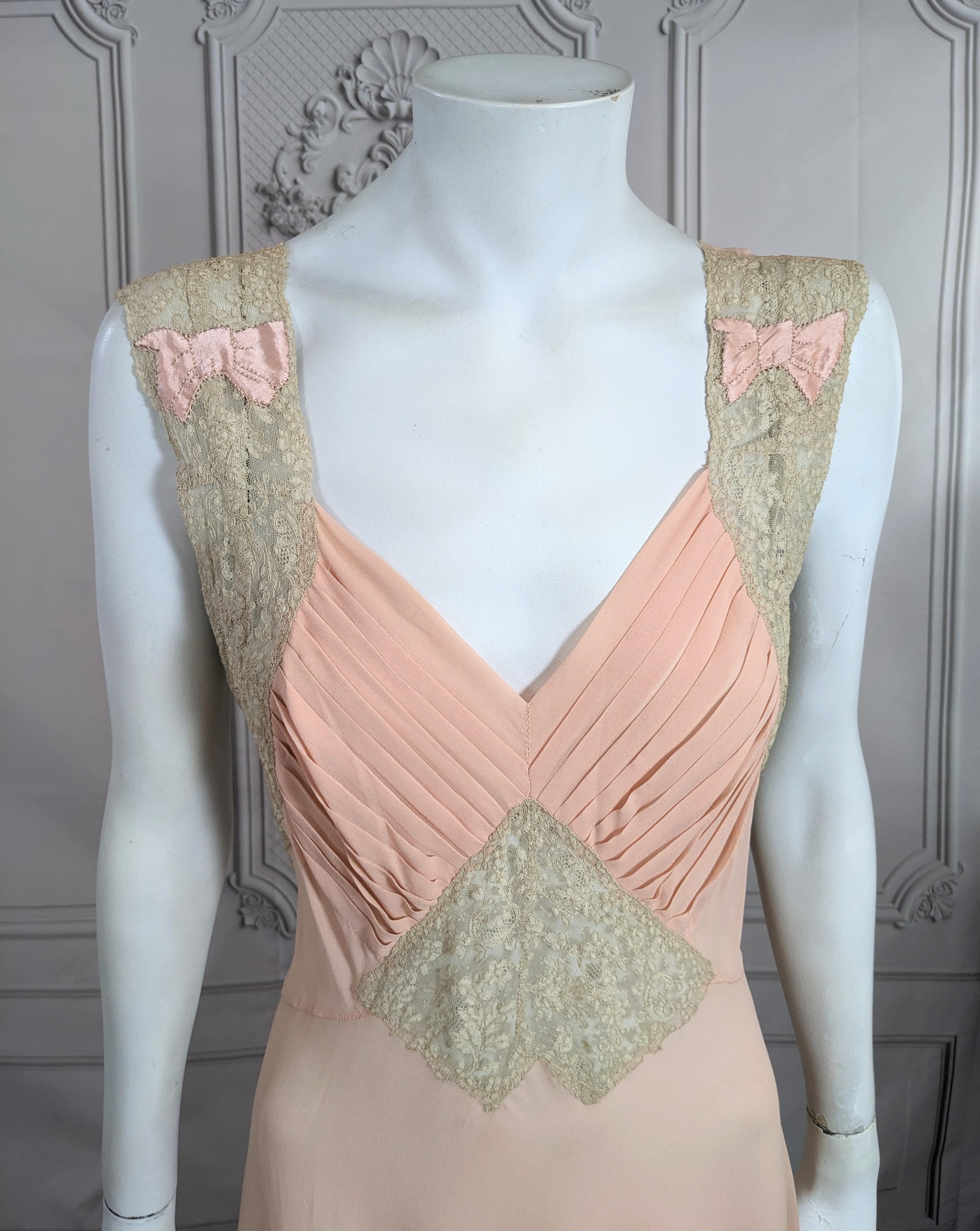 Beige  Art Deco Blush Pink Silk Crepe Chiffon and Lace Gown  For Sale