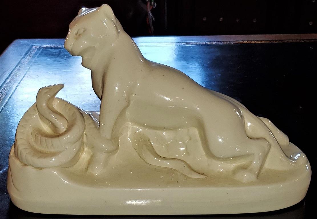Belgian Art Deco Boch Freres by Charles Catteau Porcelain Panther and Snake For Sale