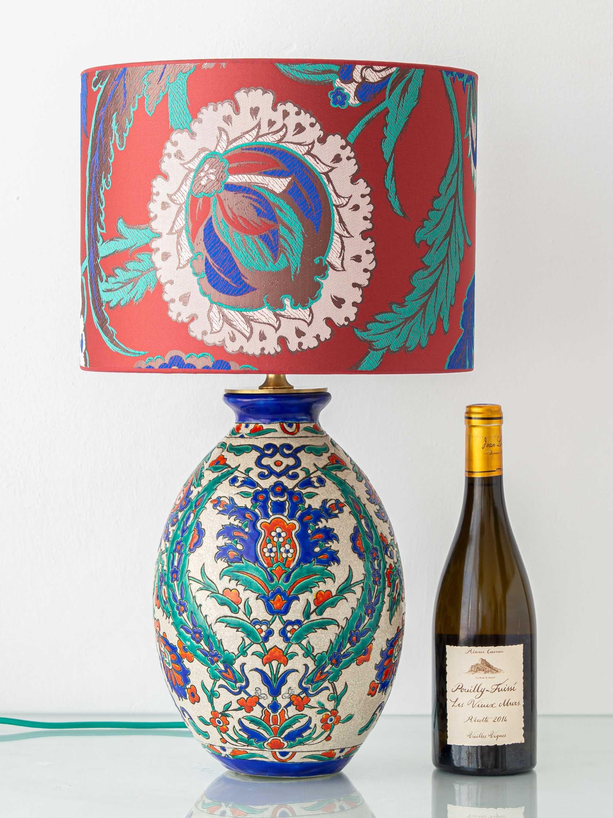 Art déco Lampe Art Déco Boch Frères avec abat-jour en brocart New Pierre Frey, époque Catteau en vente