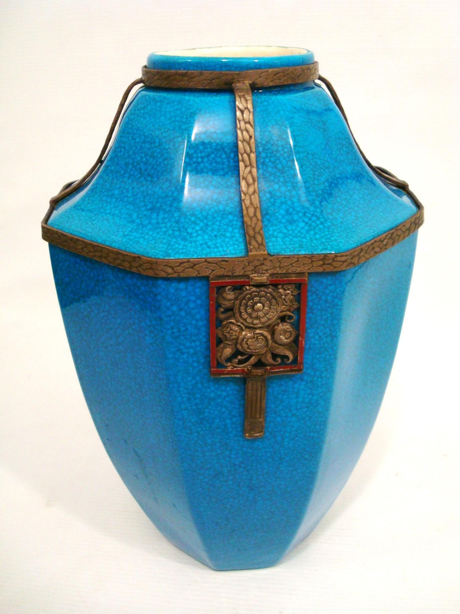 Art Deco Boch La Louviere Brass Mounted Glazed Vase. Belgium 1920´s For Sale 5