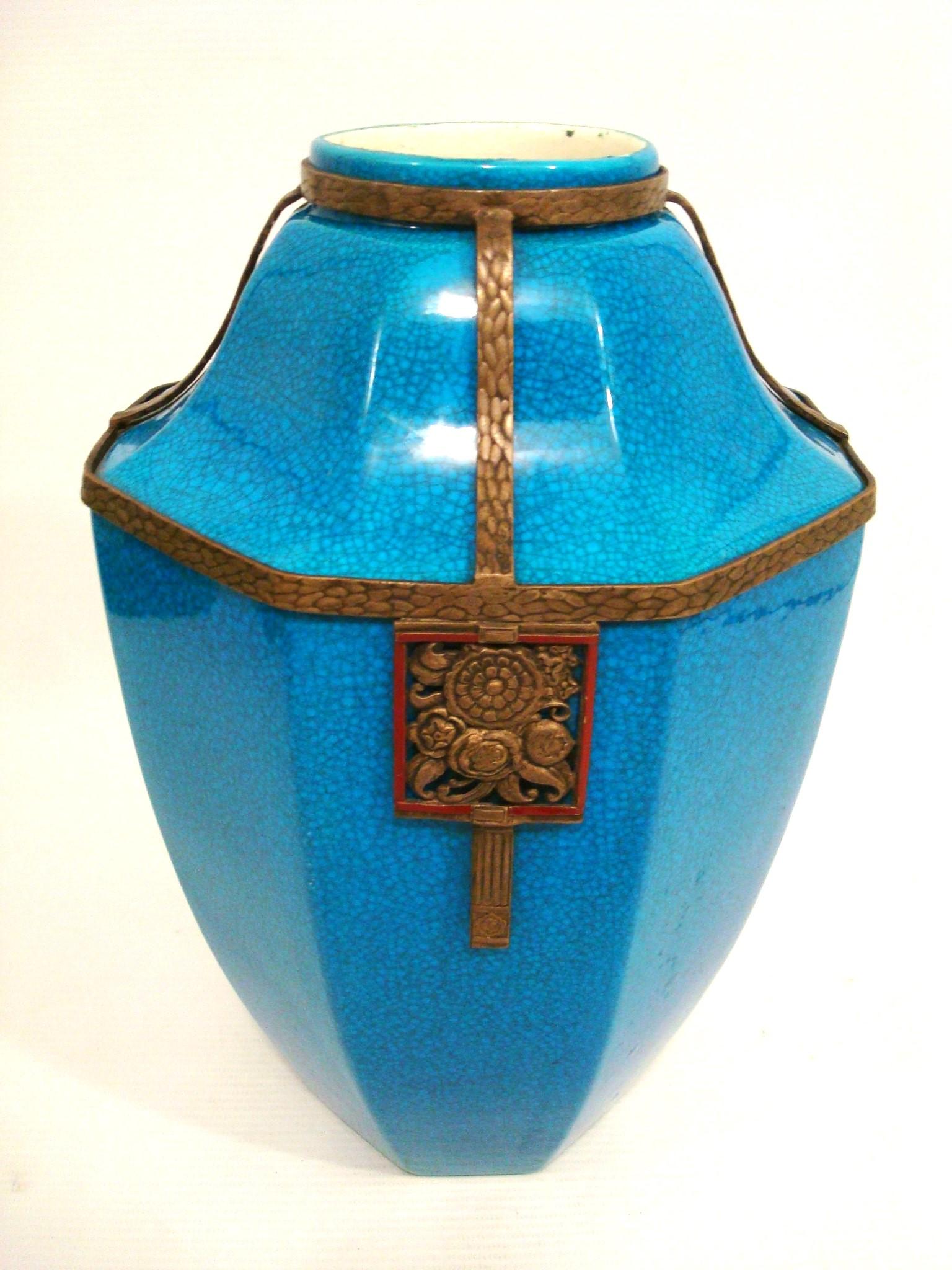 Belgian Art Deco Boch La Louviere Brass Mounted Glazed Vase. Belgium 1920´s For Sale