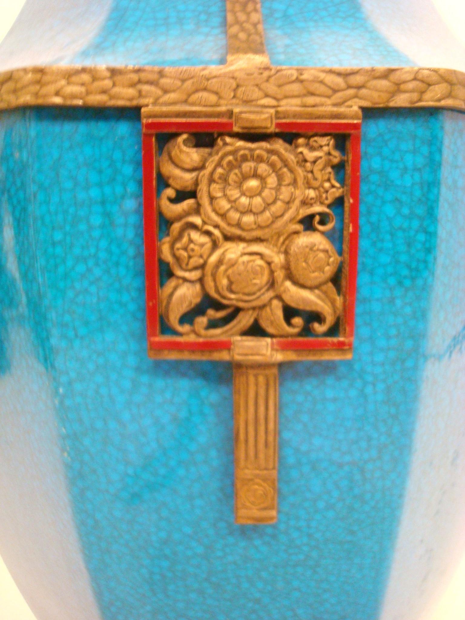 Art Deco Boch La Louviere Brass Mounted Glazed Vase. Belgium 1920´s In Good Condition For Sale In Buenos Aires, Olivos