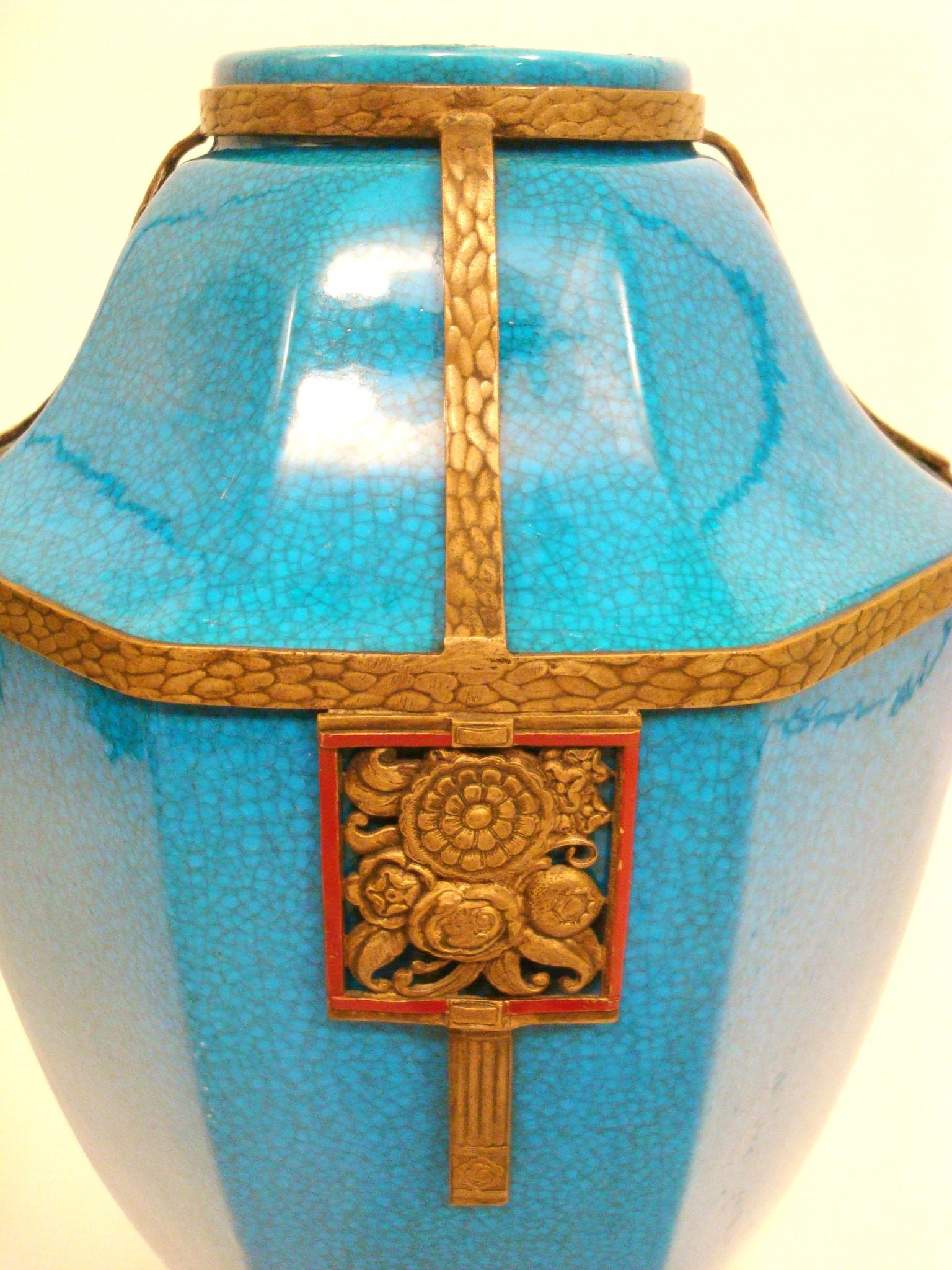 Early 20th Century Art Deco Boch La Louviere Brass Mounted Glazed Vase. Belgium 1920´s For Sale