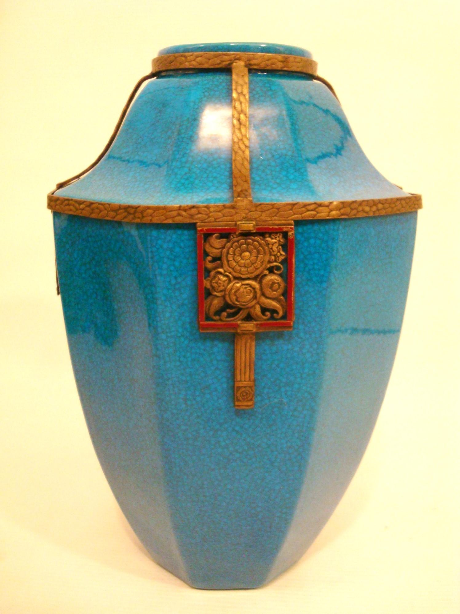 Art Deco Boch La Louviere Brass Mounted Glazed Vase. Belgium 1920´s For Sale 1