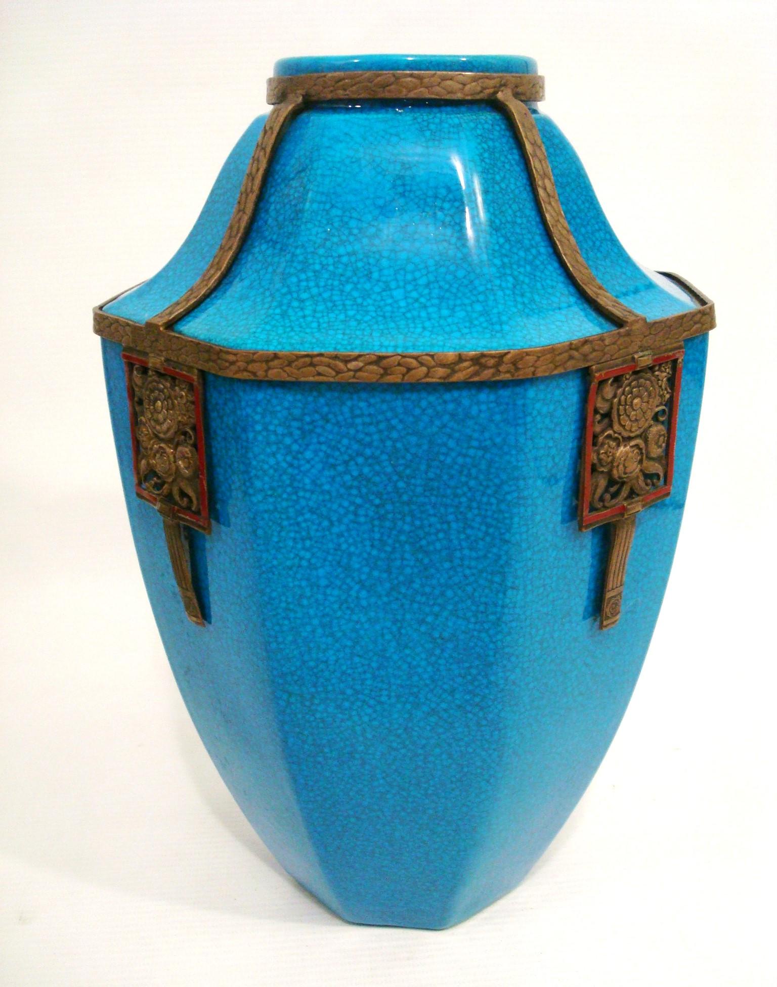 Art Deco Boch La Louviere Brass Mounted Glazed Vase. Belgium 1920´s For Sale 2