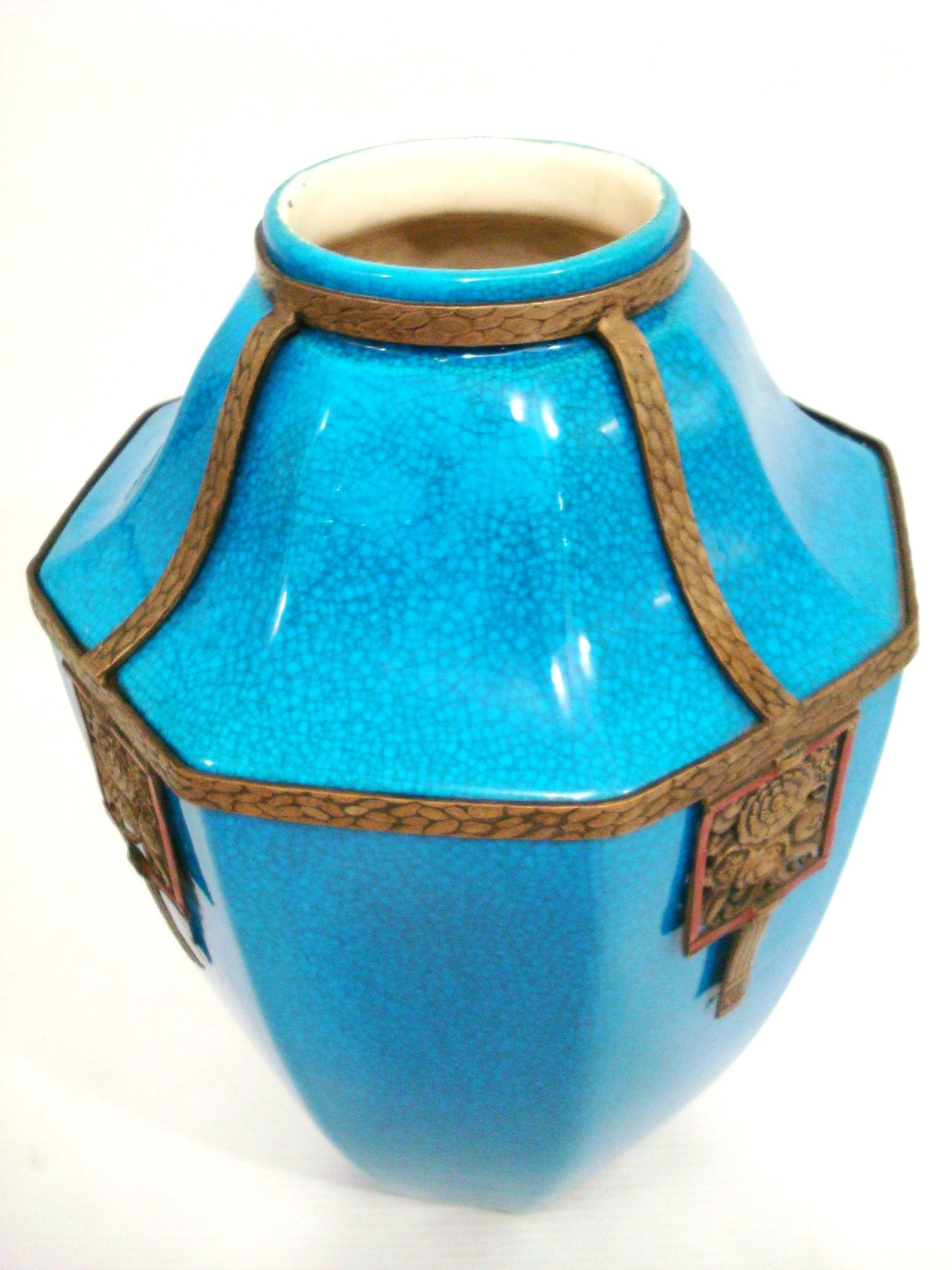 Art Deco Boch La Louviere Brass Mounted Glazed Vase. Belgium 1920´s For Sale 3