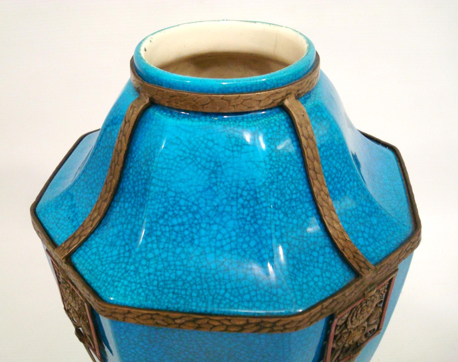 Art Deco Boch La Louviere Brass Mounted Glazed Vase. Belgium 1920´s For Sale 4