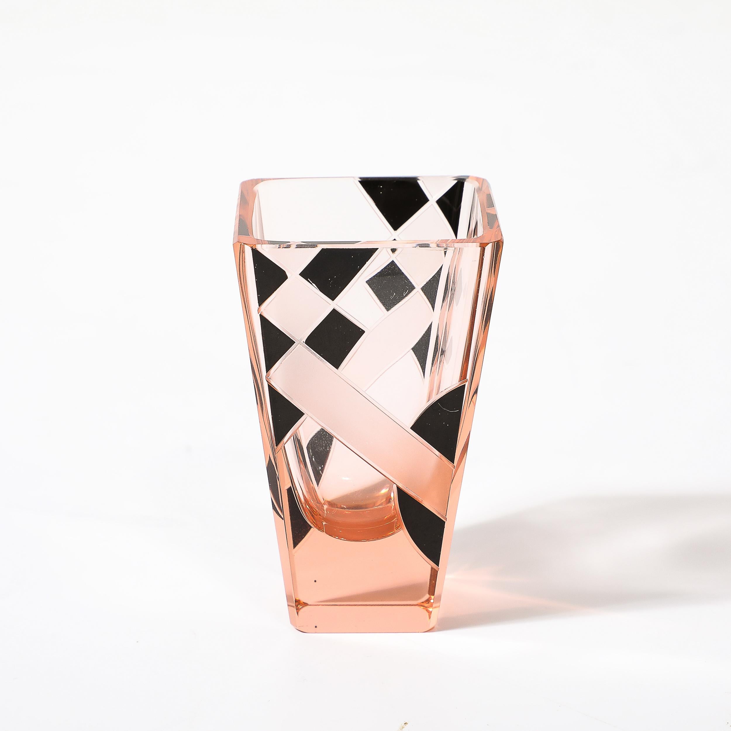 Art Deco Bohemia Glass Cubist Decanter Set in Smoked Rose W/ Diamond Patterning 5