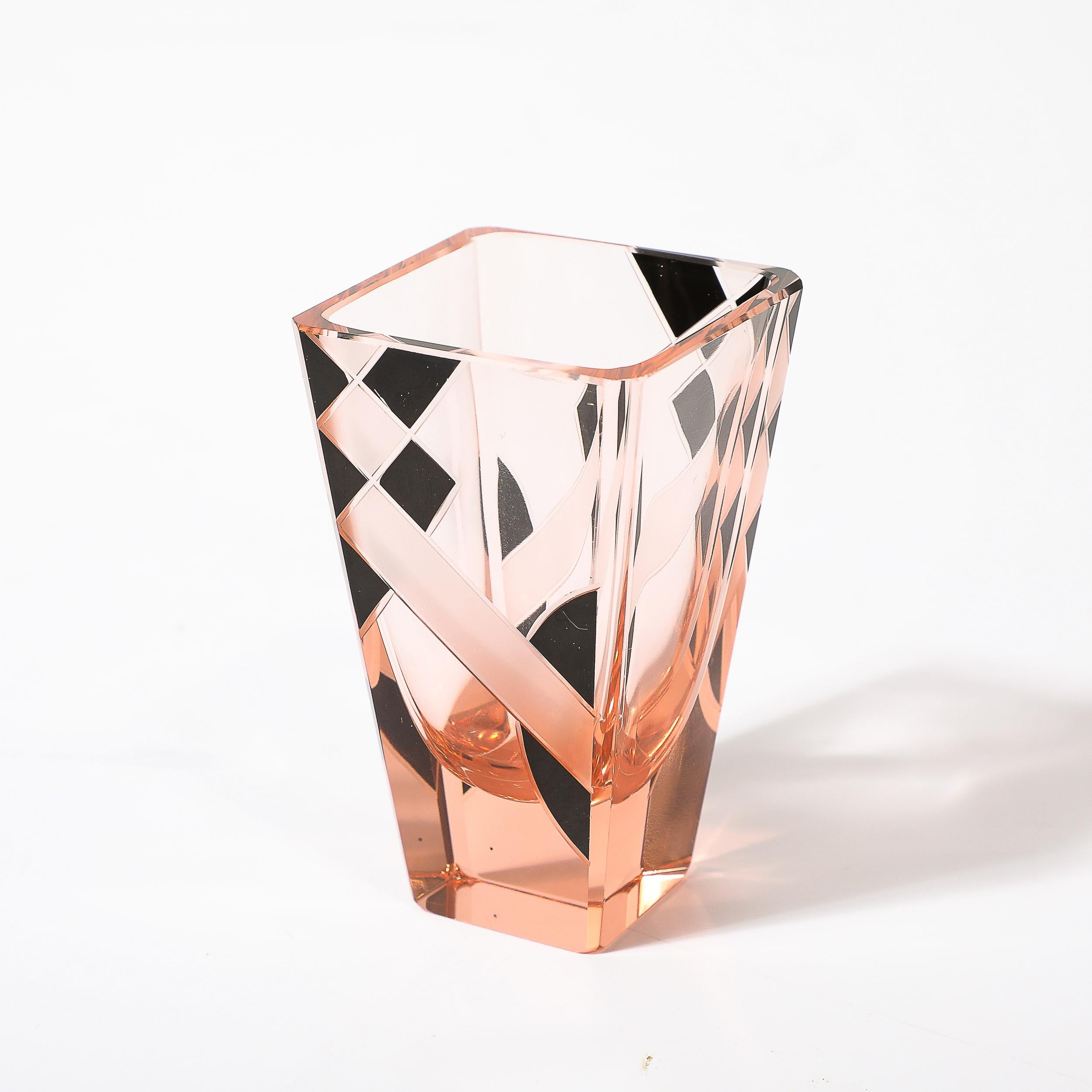 Art Deco Bohemia Glass Cubist Decanter Set in Smoked Rose W/ Diamond Patterning 6
